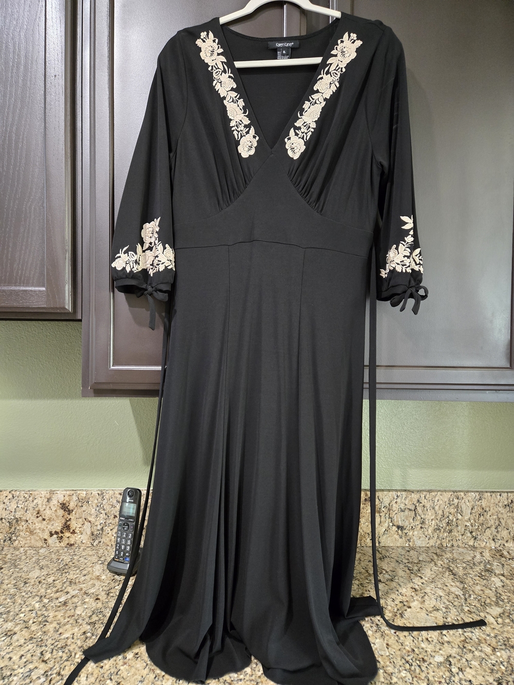 Karen Kane Black Maxi Dress with Cream Floral Embroidery
